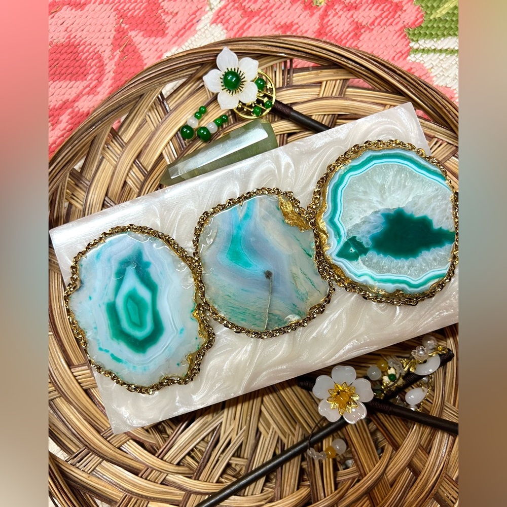 New! The “Goddess” Slices Agate and Gold Foil Hard Case Clutch Crossbody Purse - Picture 2 of 6